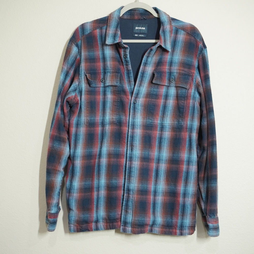 Prana Men's Medium Blue Red Plaid Lined Flannel Shirt Long Sleeve Button Down